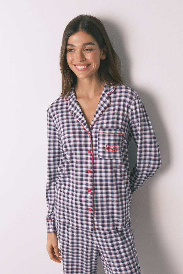 Women'secret Pijama camiseiro comprido malha suave xadrez azul