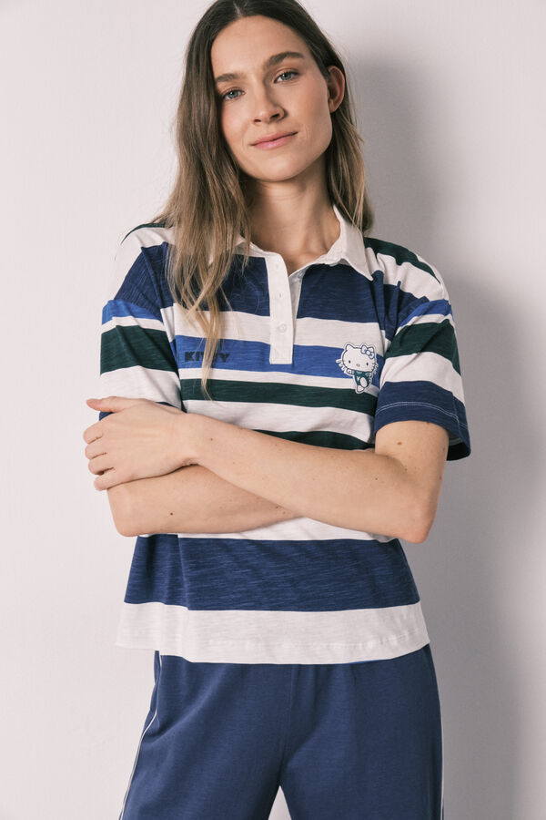 Women'secret Pijama Hello Kitty manga curta polo riscas em algod&atilde;o azul