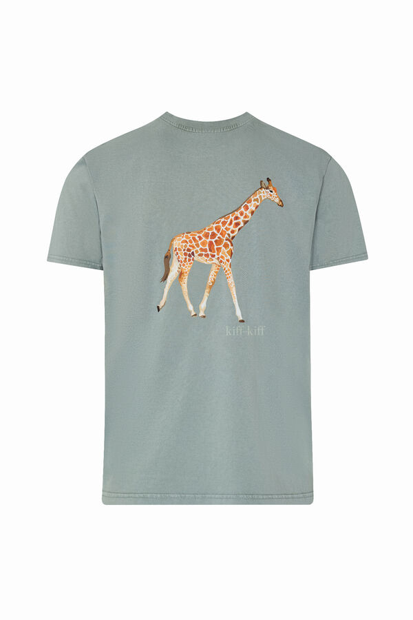 Kiff-Kiff T-shirt de homem caqui girafa e palmeiras verde