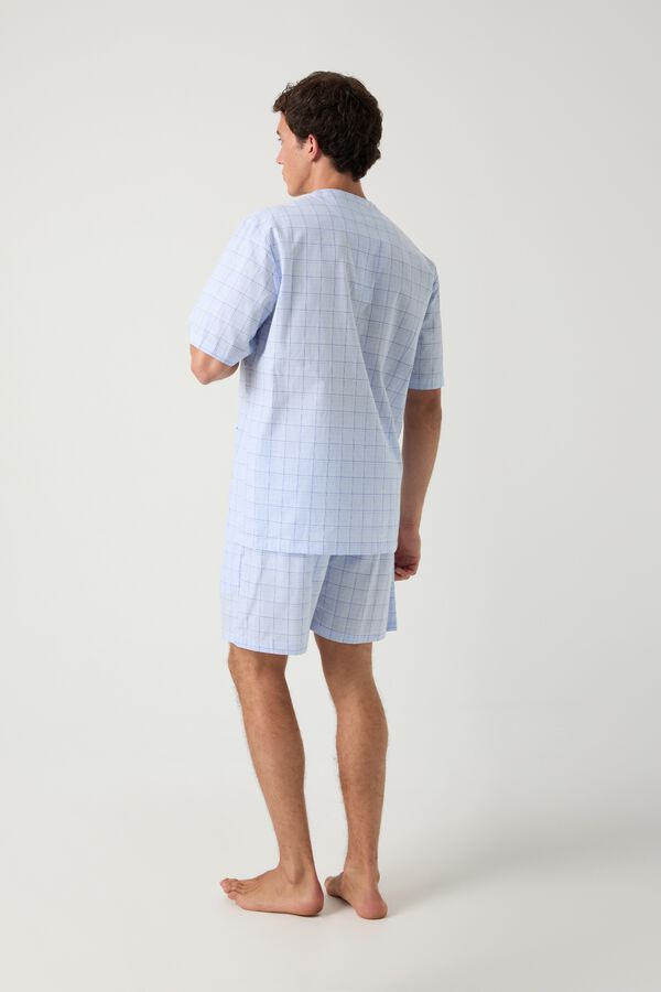 Kiff-Kiff Pijama curto em popelina de xadrez com debrum azul jeans azul