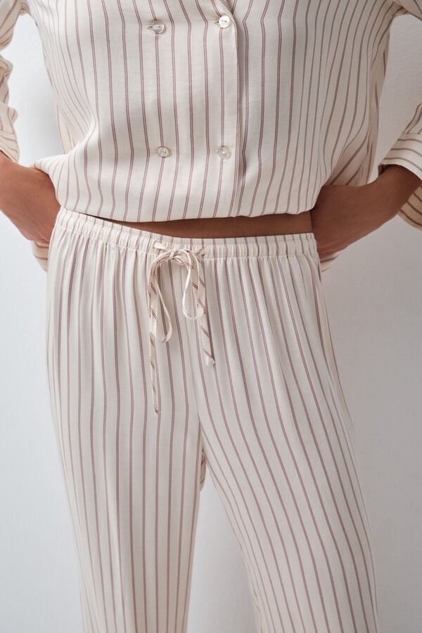 Women'secret Pijama comprido camiseiro de riscas acetinado branco
