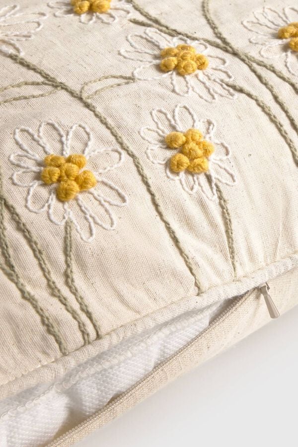 Textura Capa travesseiro algod&atilde;o flores bordadas bege