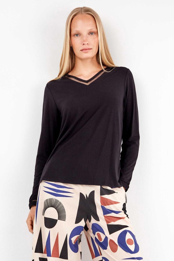 Gisela T-shirt com detalhe de renda no renda preto