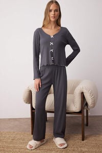 Trendyol Conjunto de pijama de algodão canelado com detalhes de renda