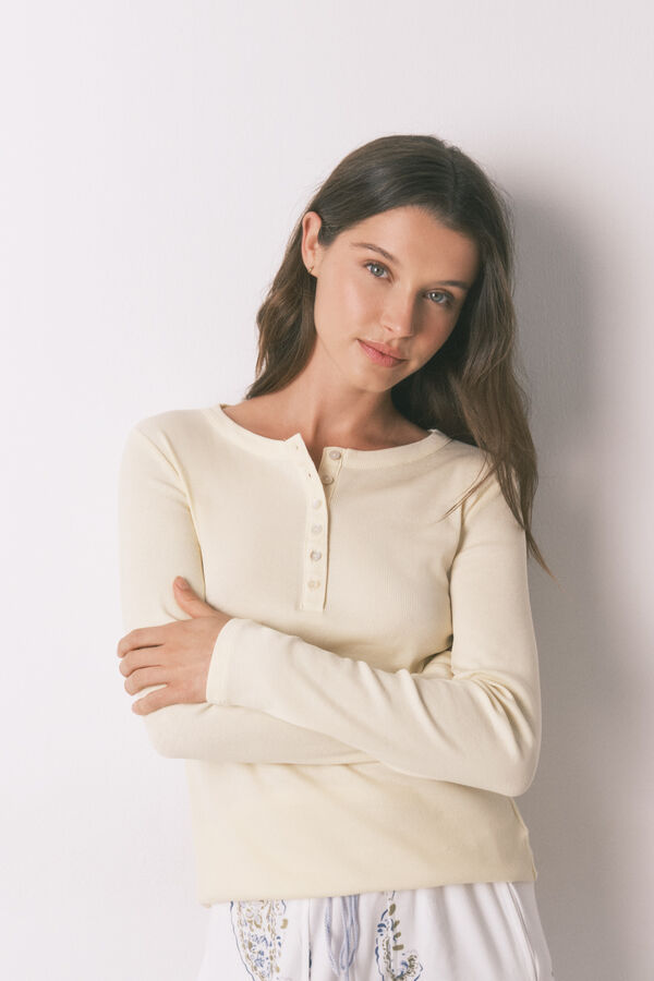 Women'secret T-shirt manga comprida em algod&atilde;o amarelo estampado