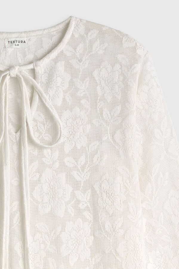 Textura T&uacute;nica comprida em algod&atilde;o com detalhes de renda branco