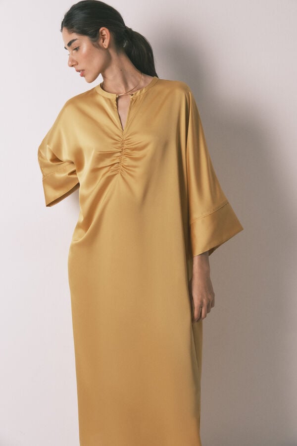Women'secret Vestido caft&atilde; de cetim mostarda estampado