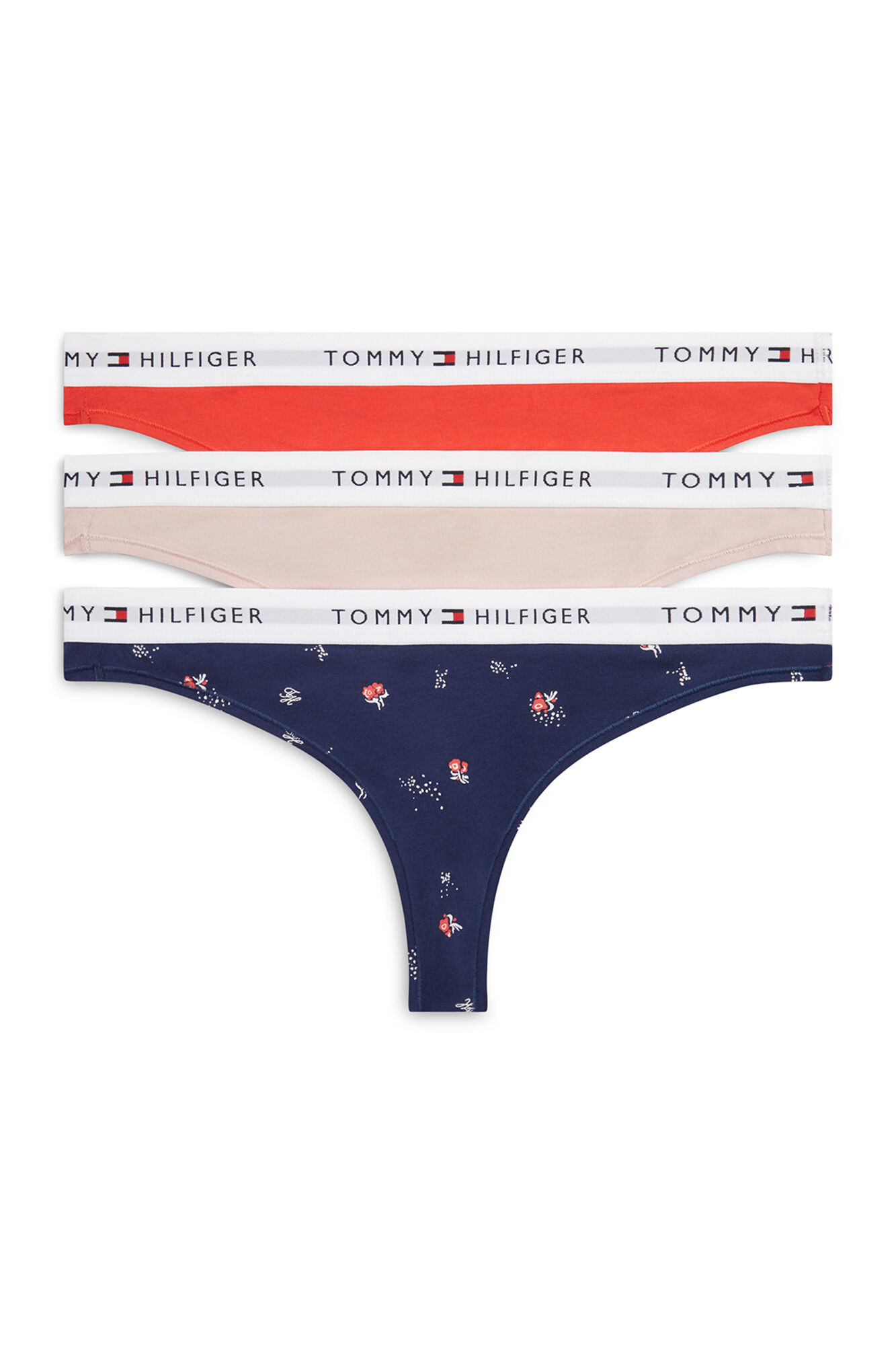 Tommy Hilfiger Pack 3 tangas liso e floral em algod&atilde;o
