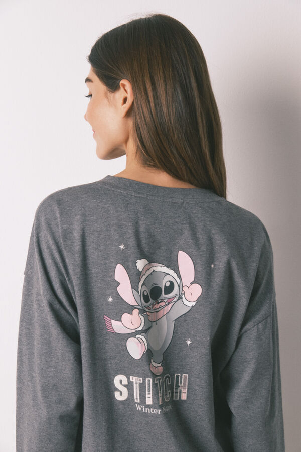 Women'secret Pijama comprido 100% algod&atilde;o cinzento xadrez Stitch cinzento