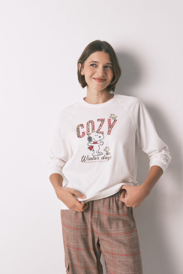 Women'secret Pijama longo 100% algodão estampado xadrez Snoopy bege