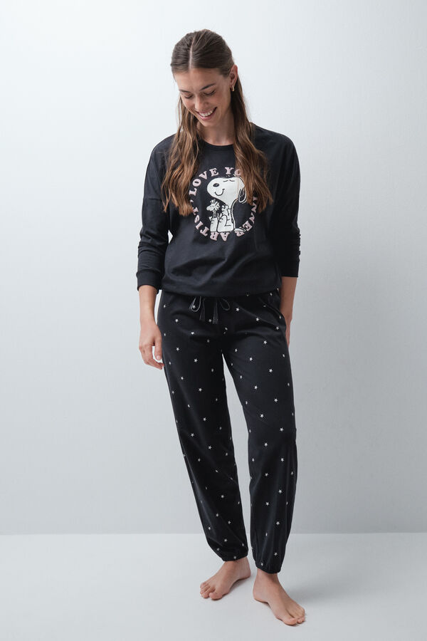 Women'secret Pijama comprido em algod&atilde;o Snoopy cinza escuro cinzento
