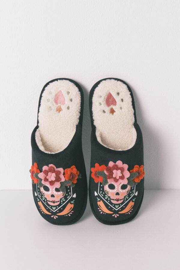 Women'secret Chinelos de quarto com estampa 3D de caveira mexicana preto