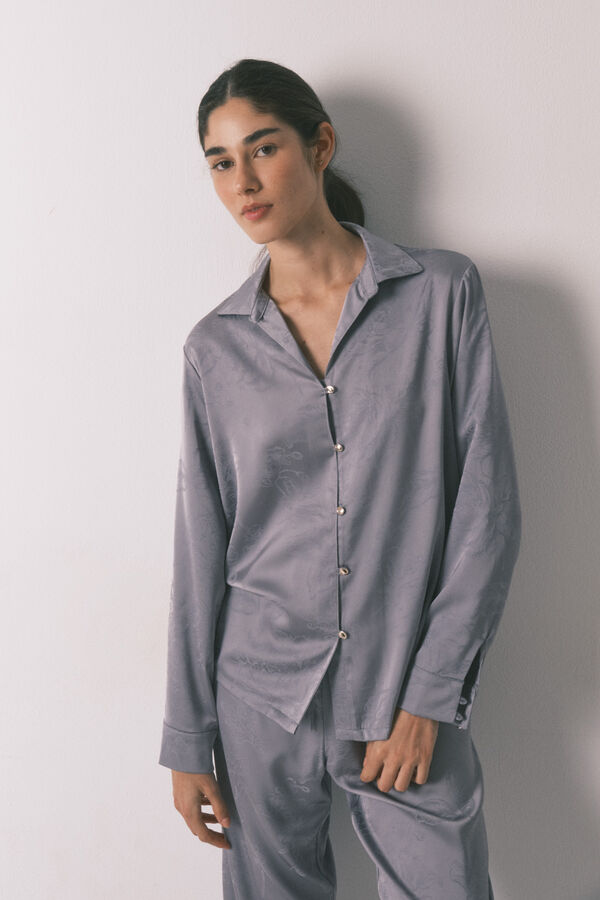 Women'secret Pijama camiseiro comprido cetim jacquard cinzento cinzento