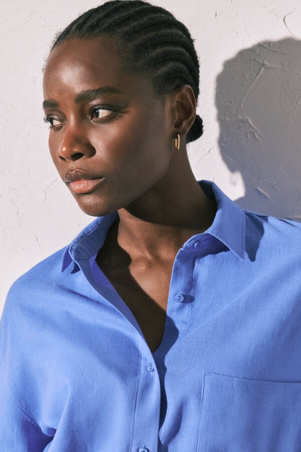 Women'secret Camisa de manga comprida em linho azul azul