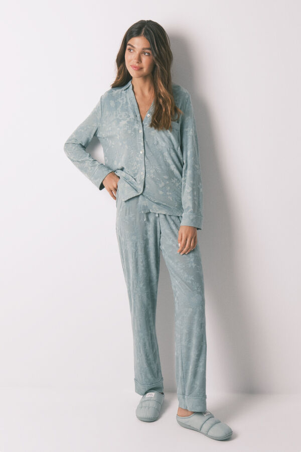 Women'secret Pijama camisero largo jacquard floral verde verde