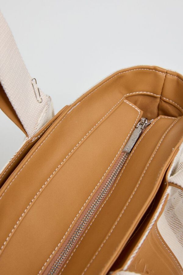 Pepe Jeans Mala de m&atilde;o em lona &agrave;s riscas bege