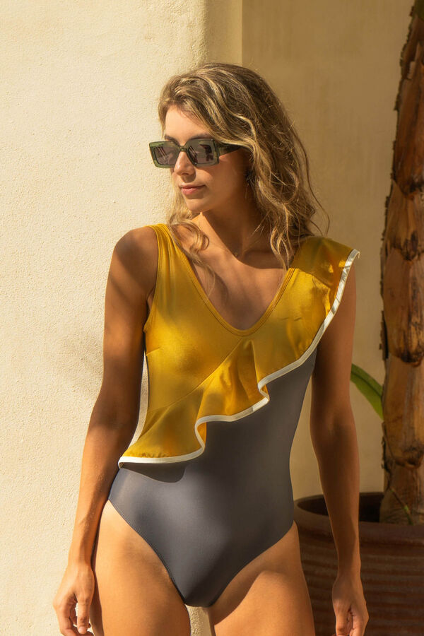 Gogana Fato de banho com folho cruzado bicolor amarelo