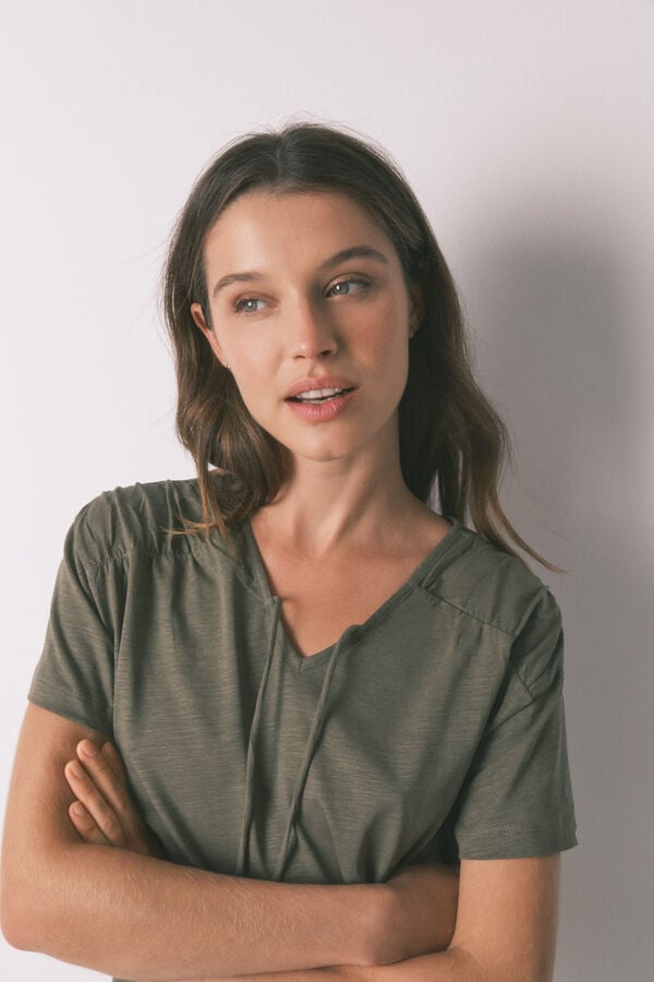 Women'secret T-shirt manga curta franzida em algod&atilde;o verde bege
