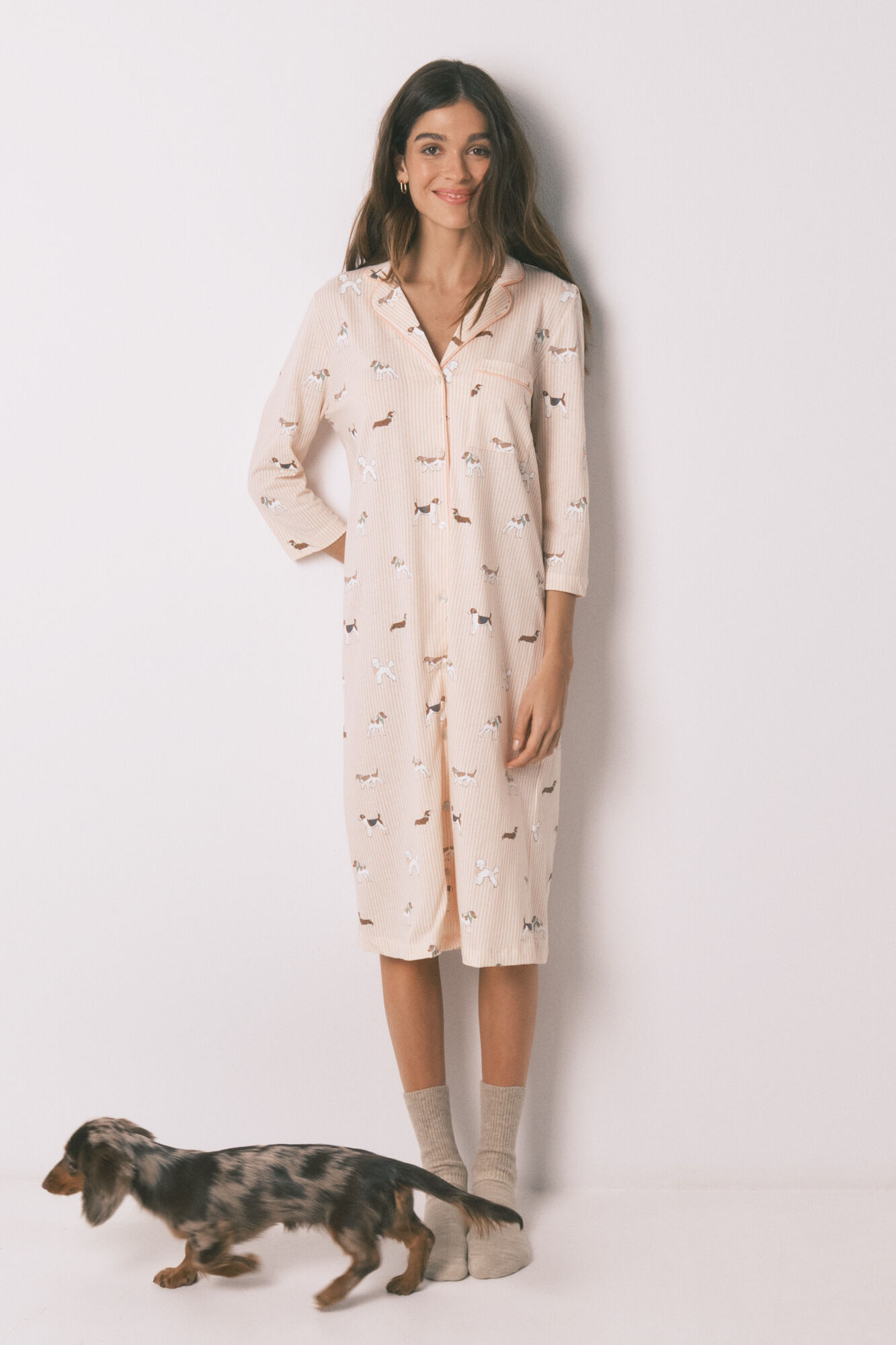 Women'secret Camis&oacute;n midi 100% algod&oacute;n estampado rayas y perritos
