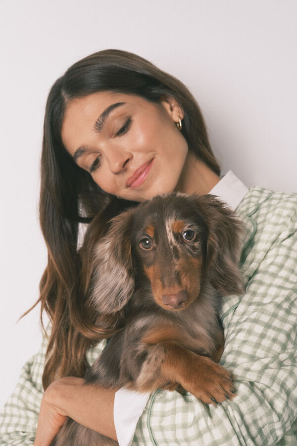 Women'secret Pijama camiseiro comprido em 100% algod&atilde;o estampado aos quadrados verde