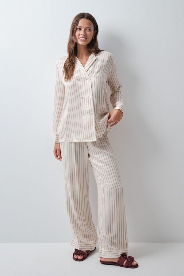 Women'secret Pijama comprido camiseiro de riscas acetinado branco