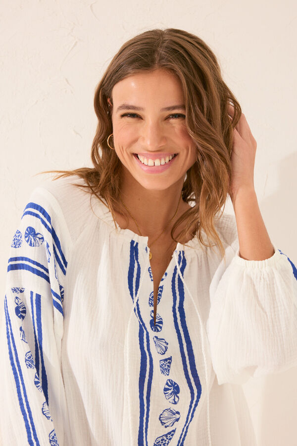 Women'secret Short muslin tunic with shell print beige
