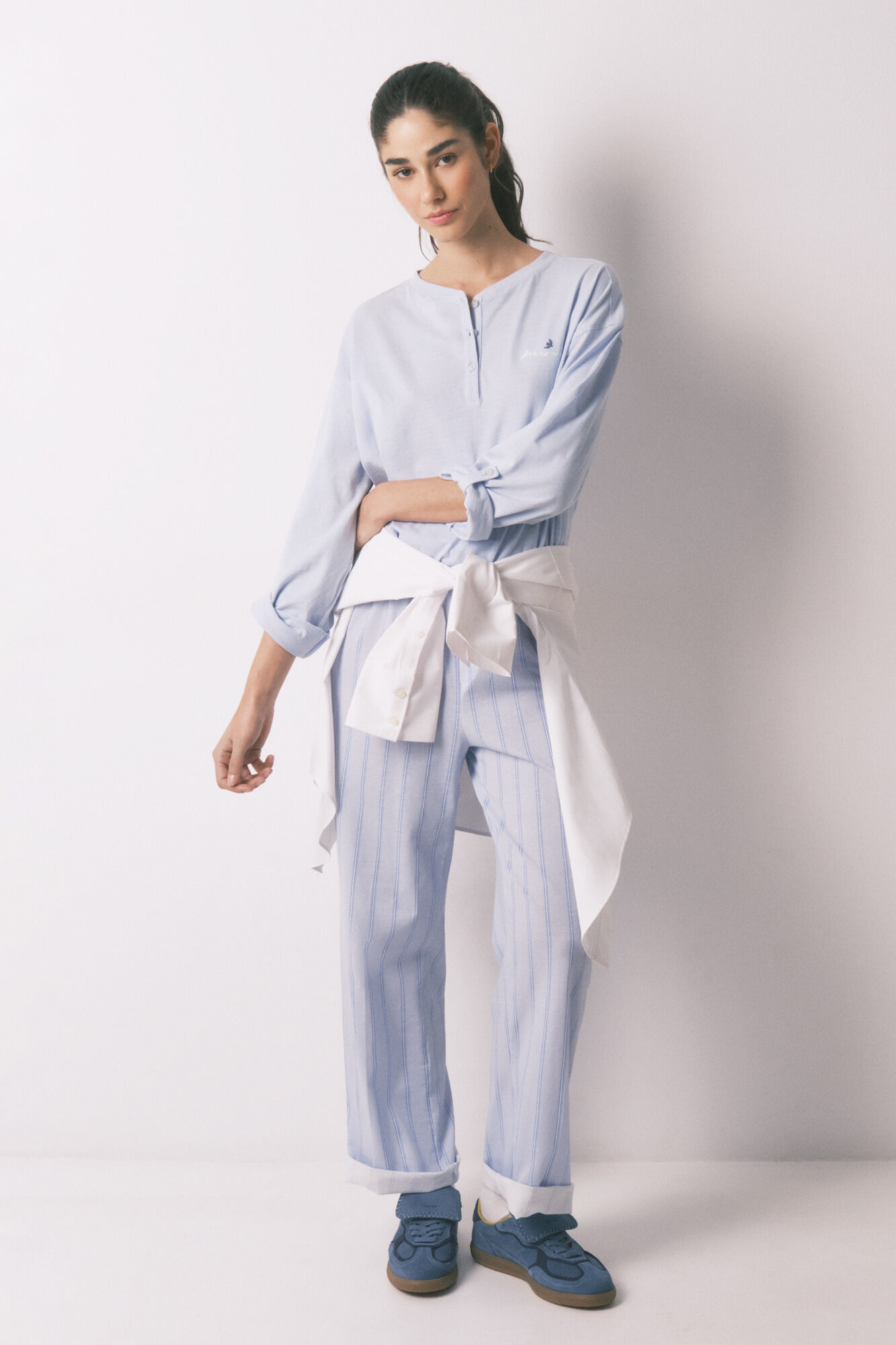 Women'secret Cal&ccedil;a comprida estampada riscas em 100% algod&atilde;o azul