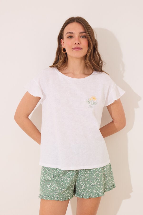 Women'secret Pijama curto 100% algodão branco e verde bege