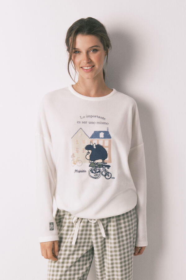 Women'secret Pijama comprido longo de polar Mafalda com xadrez xadrez bege