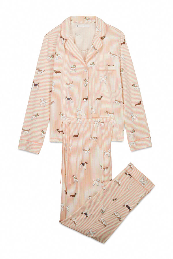 Women'secret Pijama camiseiro comprido em 100% algod&atilde;o estampado de riscas e c&atilde;ezinhos vermelho