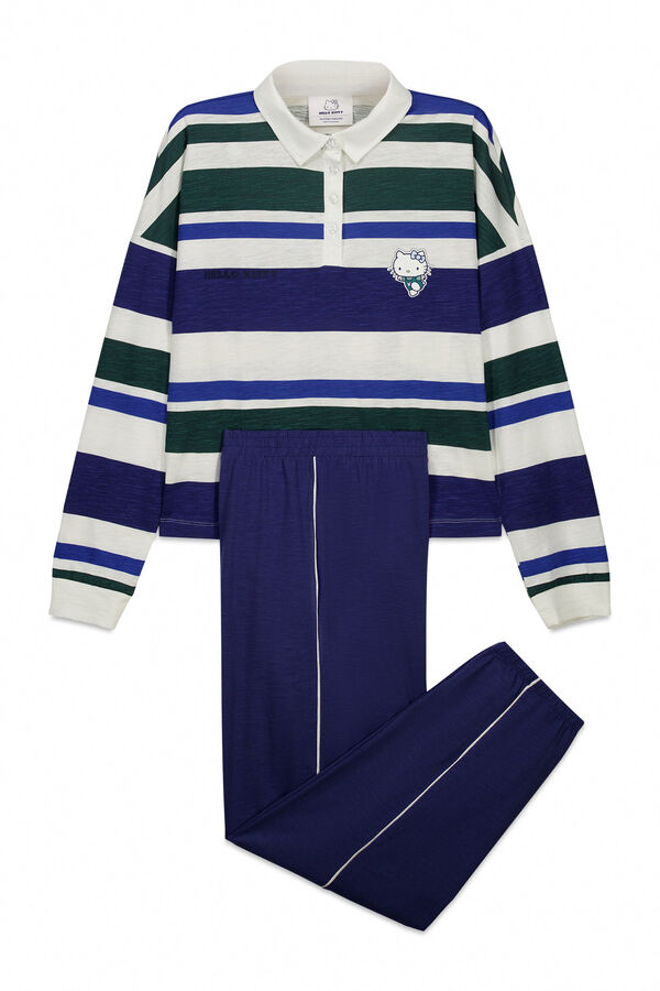 Women'secret Pijama comprido Hello Kitty polo riscas em algod&atilde;o azul