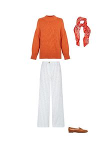 Jumper, loafer, trousers and scarf set