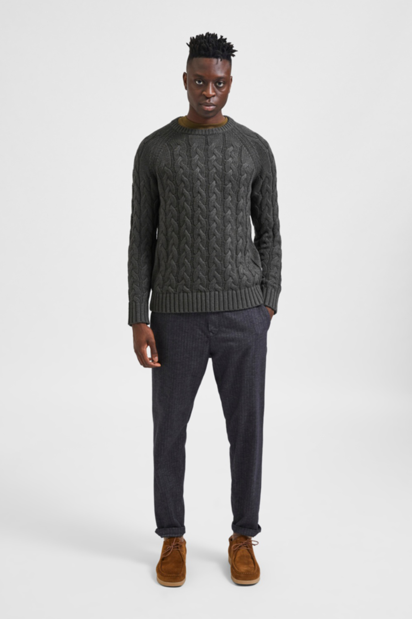 Camisola trançada gola redonda Camisolas e casacos de malha para