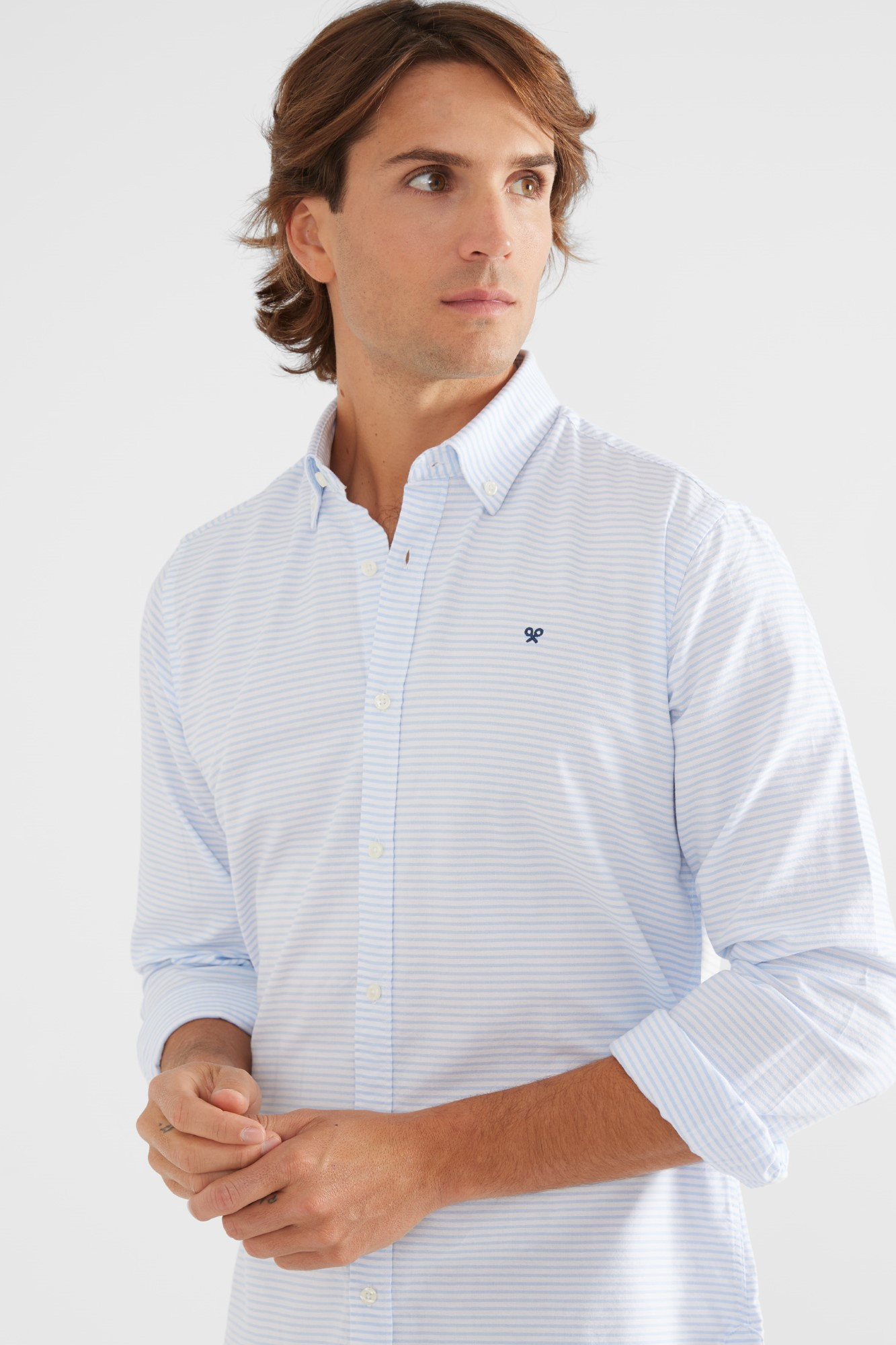 Silbon Camisa Blanca Con Rayas Azules Mujer Camisa Cuello Blusas