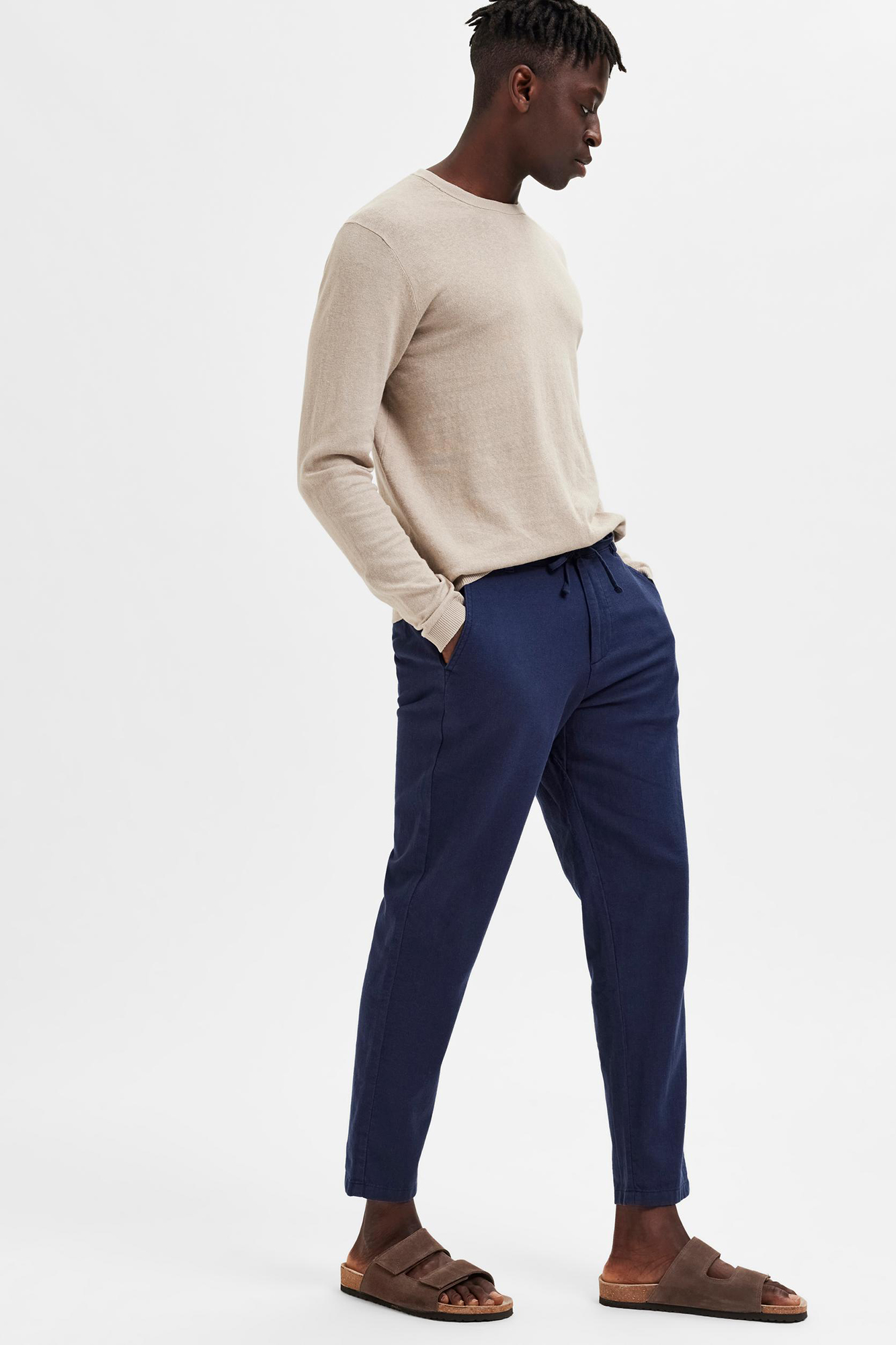 Pantalón largo Slim Fit estilo chino de lino, Pantalones de hombre