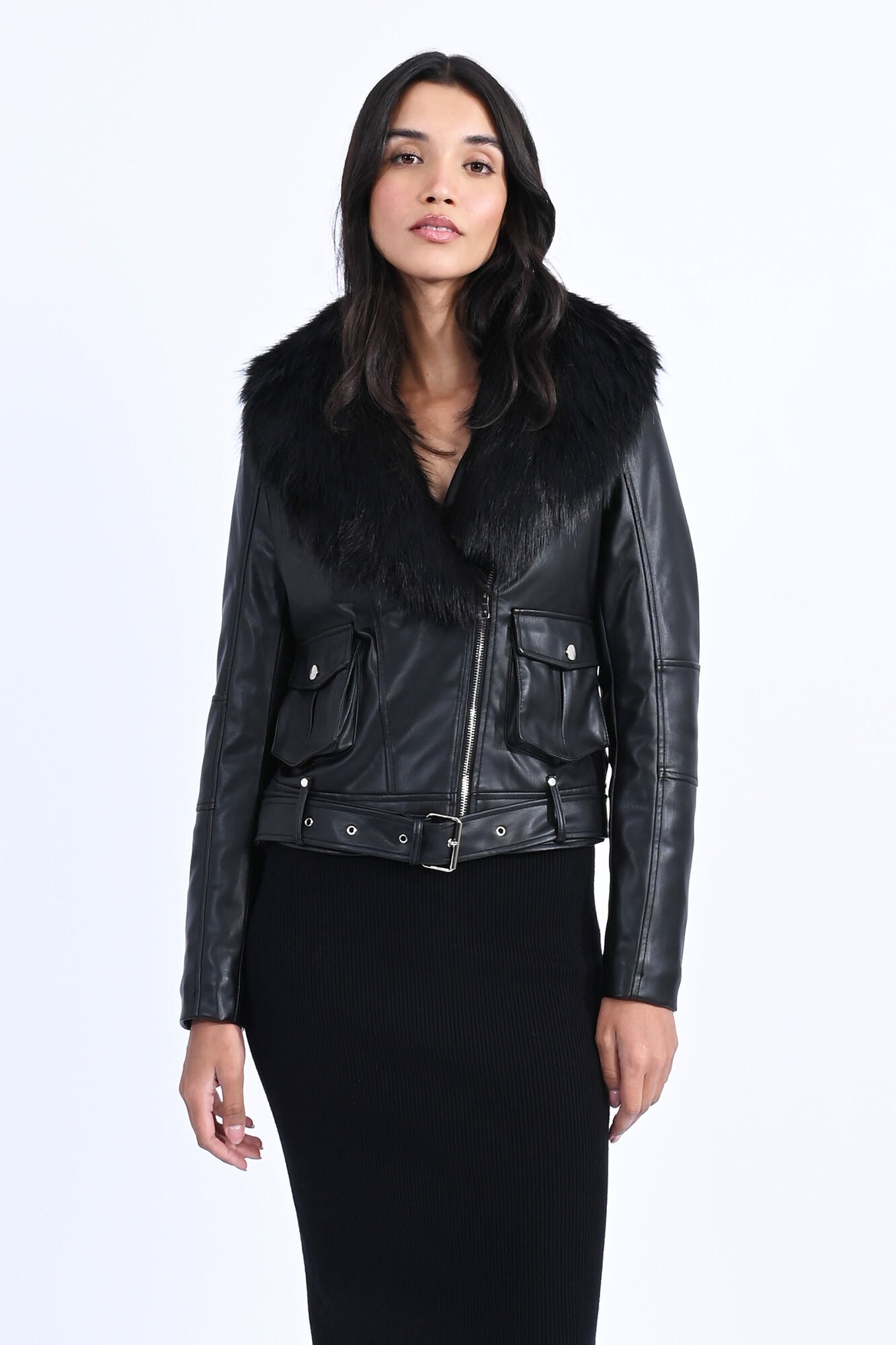 Faux leather sale belted jacket