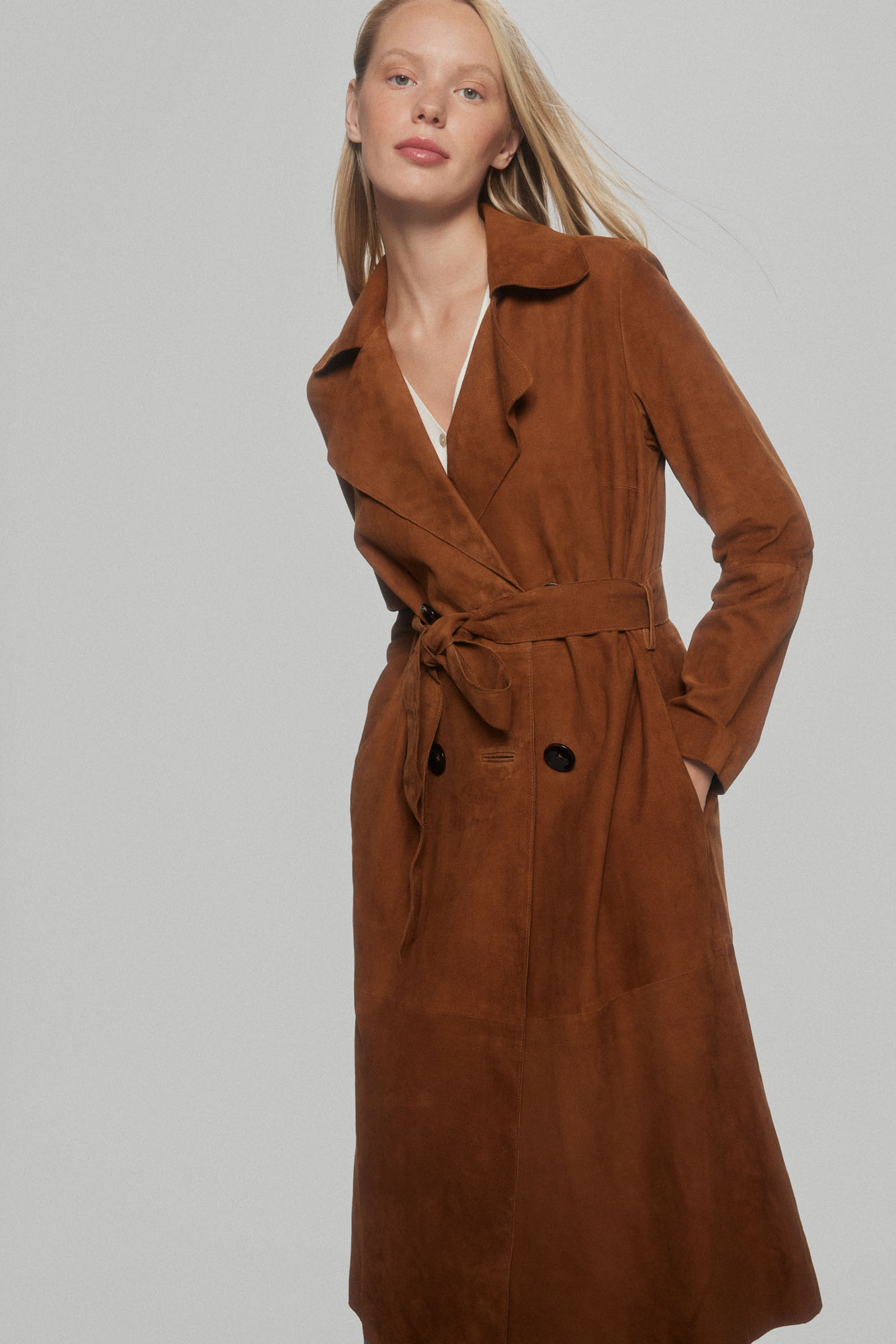 Long suede buttoned trench coat Womens Trench Coats Cortefiel