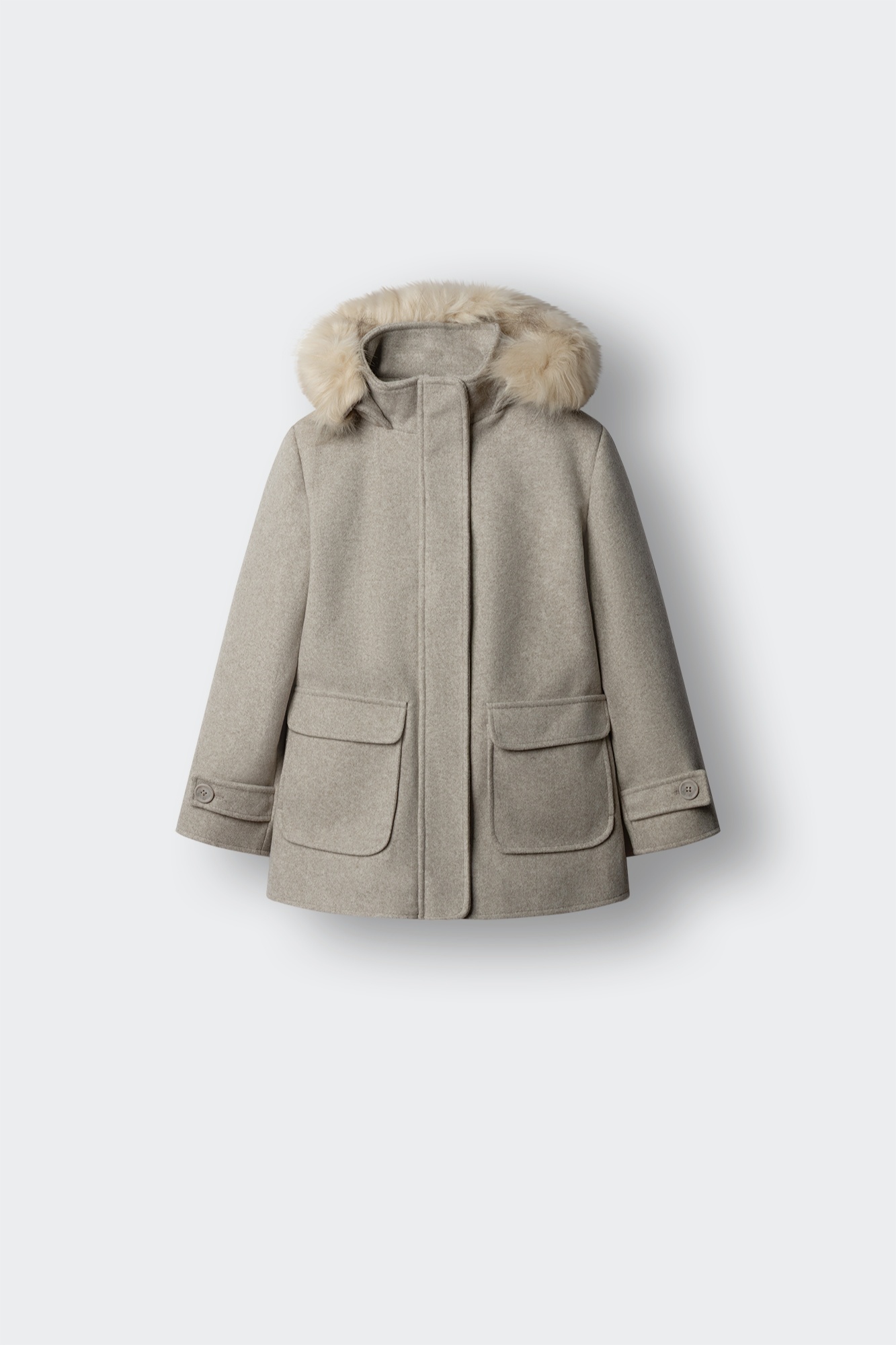Girls' cloth duffle coat with faux fur hood