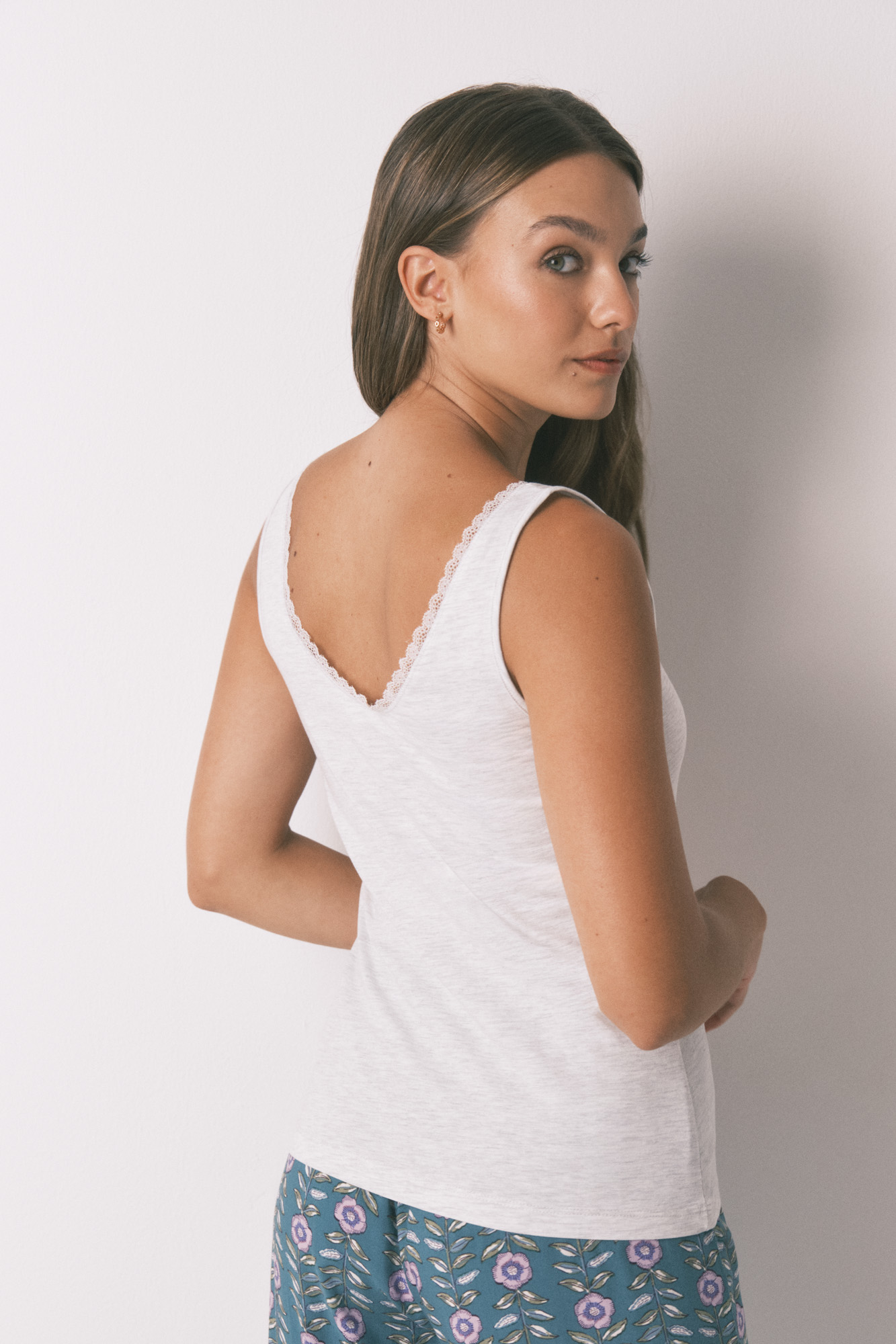 Camiseta tirantes algodón blonda gris Tops y camisetas de mujer